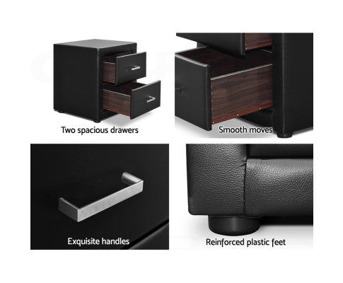 HANNAH 2 DRAWER LEATHERETTE BEDSIDE TABLE - 500(H) x 490(W) - BLACK