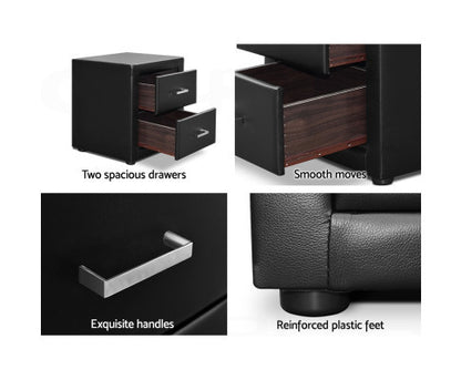 HANNAH 2 DRAWER LEATHERETTE BEDSIDE TABLE - 500(H) x 490(W) - BLACK