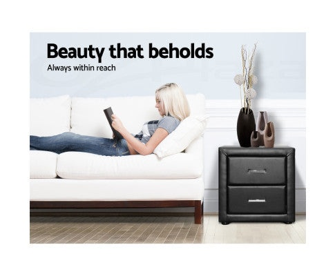 HANNAH 2 DRAWER LEATHERETTE BEDSIDE TABLE - 500(H) x 490(W) - BLACK