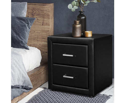 HANNAH 2 DRAWER LEATHERETTE BEDSIDE TABLE - 500(H) x 490(W) - BLACK