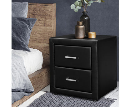 HANNAH 2 DRAWER LEATHERETTE BEDSIDE TABLE - 500(H) x 490(W) - BLACK