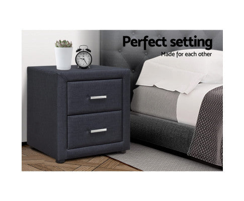 HANNAH 2 DRAWER FABRIC BEDSIDE TABLE - CHARCOAL