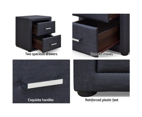 HANNAH 2 DRAWER FABRIC BEDSIDE TABLE - CHARCOAL