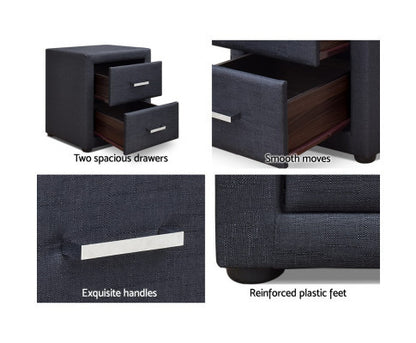 HANNAH 2 DRAWER FABRIC BEDSIDE TABLE - CHARCOAL