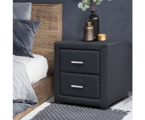 HANNAH 2 DRAWER FABRIC BEDSIDE TABLE - CHARCOAL