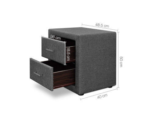 HANNAH 2 DRAWER FABRIC BEDSIDE TABLE - GREY