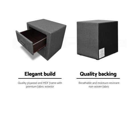 HANNAH 2 DRAWER FABRIC BEDSIDE TABLE - GREY