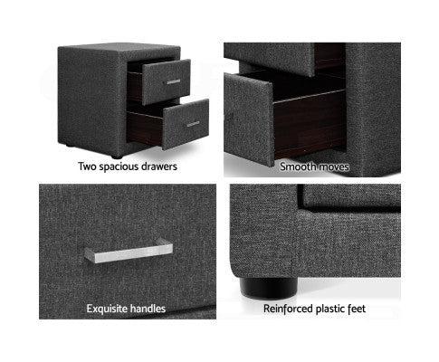 HANNAH 2 DRAWER FABRIC BEDSIDE TABLE - GREY