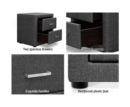 HANNAH 2 DRAWER FABRIC BEDSIDE TABLE - GREY
