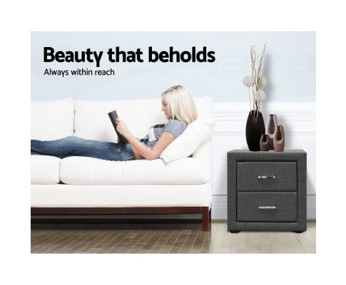 HANNAH 2 DRAWER FABRIC BEDSIDE TABLE - GREY