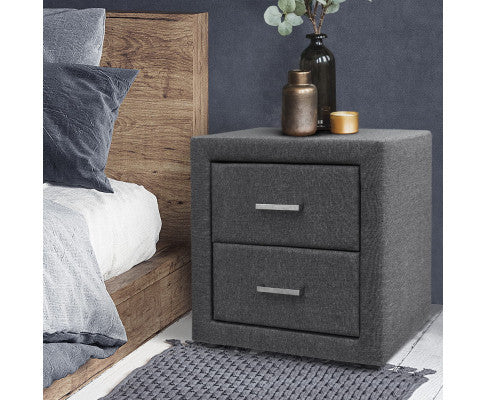 HANNAH 2 DRAWER FABRIC BEDSIDE TABLE - GREY