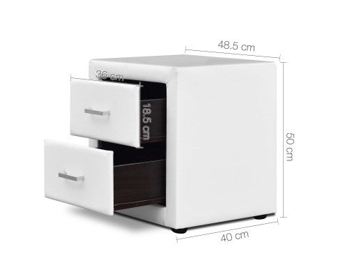 HANNAH 2 DRAWER LEATHERETTE BEDSIDE TABLE - 500(H) x 485(W) - WHITE