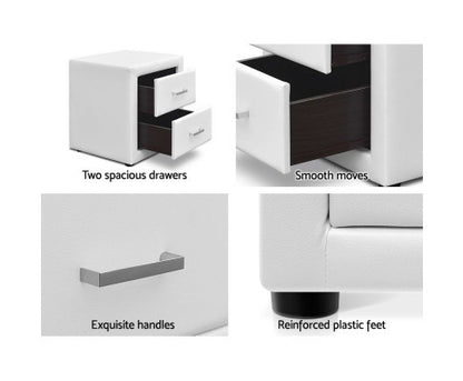 HANNAH 2 DRAWER LEATHERETTE BEDSIDE TABLE - 500(H) x 485(W) - WHITE
