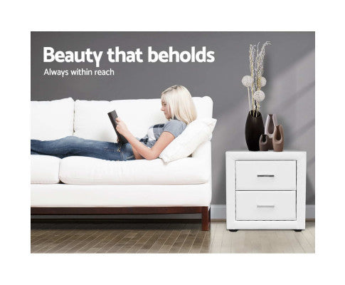 HANNAH 2 DRAWER LEATHERETTE BEDSIDE TABLE - 500(H) x 485(W) - WHITE