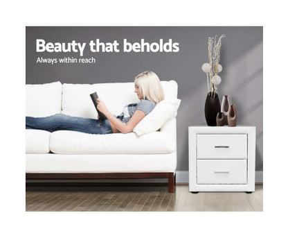 HANNAH 2 DRAWER LEATHERETTE BEDSIDE TABLE - 500(H) x 485(W) - WHITE