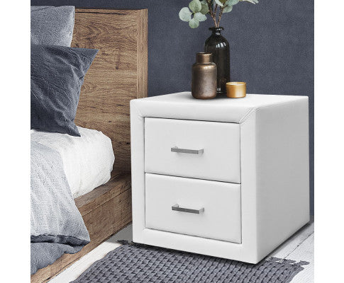 HANNAH 2 DRAWER LEATHERETTE BEDSIDE TABLE - 500(H) x 485(W) - WHITE