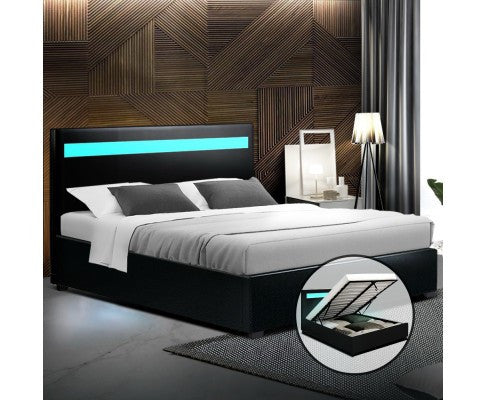 Double Cole Leatherette Gas Lift Bed - Black
