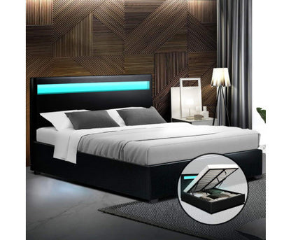 QUEEN JOHNCARL LEATHERETTE FRONT GAS LIFT STORAGE BED - BLACK
