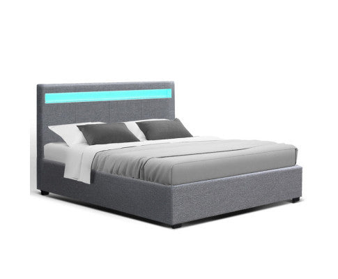 QUEEN JOHNCARL LEATHERETTE GAS LIFT STORAGE BED - GREY