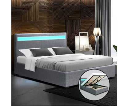 QUEEN JOHNCARL LEATHERETTE GAS LIFT STORAGE BED - GREY