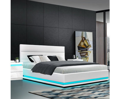 QUEEN RHEMALYN LEATHERETTE GAS LIFT BED - WHITE