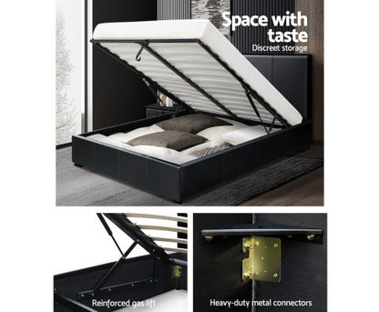 QUEEN NINO LEATHERETTE FRONT GAS LIFT BED - BLACK
