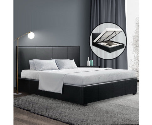 Queen Nino Leatherette Front Gas Lift Bed - Black