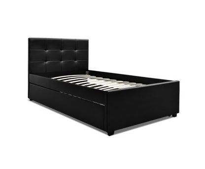 KING SINGLE FLEET LEATHERETTE BED WITH SINGLE TRUNDLE BED - BLACK
