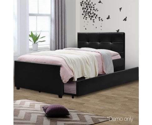 King Single Fleet Leatherette Bed With Single Trundle Bed - Black