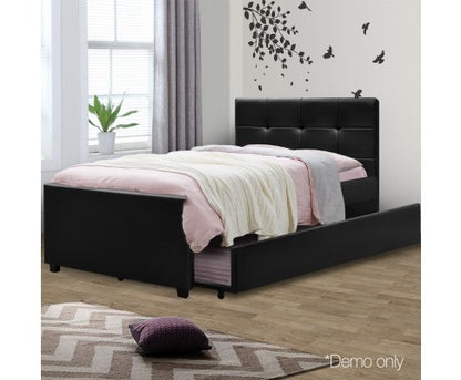 KING SINGLE FLEET LEATHERETTE BED WITH SINGLE TRUNDLE BED - BLACK