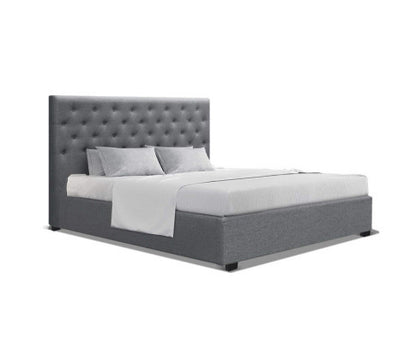 QUEEN GENEKO FRONT GAS LIFT STORAGE LINEN FABRIC BED WITH BUTTONS - GREY