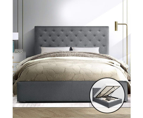 Queen Geneko Front Gas Lift Storage Linen Fabric Bed With Buttons - Grey