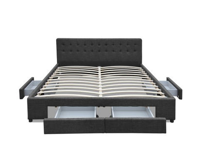 QUEEN AVIO FABRIC BED WITH 4 STORAGE DRAWERS - DARK GREY