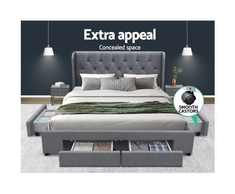 DOUBLE MILA FABRIC BED FRAME WITH 4 STORAGE DRAWERS - (BFRAME-F-MILA-D-GY-ABC) - GREY
