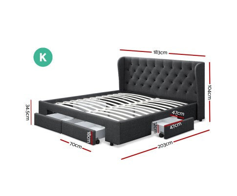 King Mila Fabric Bed Frame With 4 Storage Drawers - Charcoal