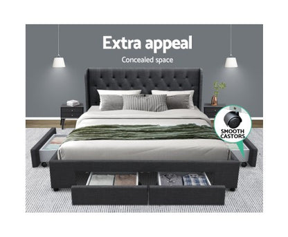 KING MILA FABRIC BED FRAME WITH 4 STORAGE DRAWERS -  CHARCOAL