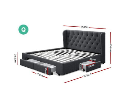 QUEEN MILA  FABRIC BED FRAME WITH 4 STORAGE DRAWERS - (BFRAME-F-MILA-Q-CHA-ABC)-  CHARCOAL