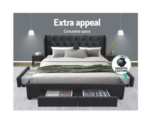 QUEEN MILA  FABRIC BED FRAME WITH 4 STORAGE DRAWERS - (BFRAME-F-MILA-Q-CHA-ABC)-  CHARCOAL