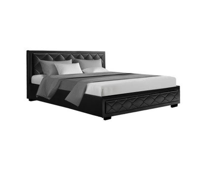 KING JUNNIE FRONT LEATHERETTE GAS LIFT STORAGE BED WITH BUTTONS - BLACK