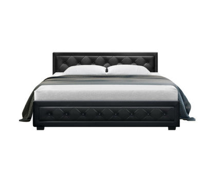 KING JUNNIE FRONT LEATHERETTE GAS LIFT STORAGE BED WITH BUTTONS - BLACK