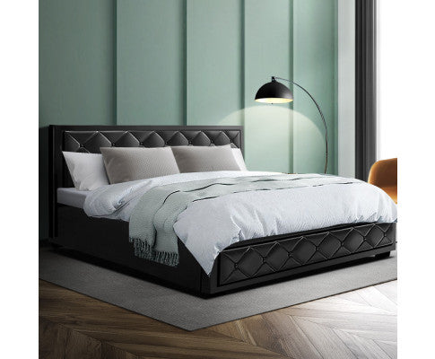 KING JUNNIE FRONT LEATHERETTE GAS LIFT STORAGE BED WITH BUTTONS - BLACK