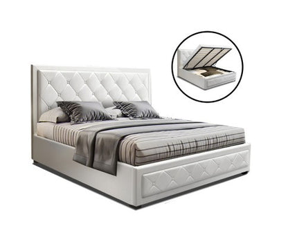 KING SINGLE CLIFTON LEATHERETTE FRONT GAS LIFT BED - WHITE