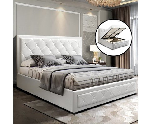 QUEEN CLIFTON LEATHERETTE FRONT GAS LIFT BED - WHITE