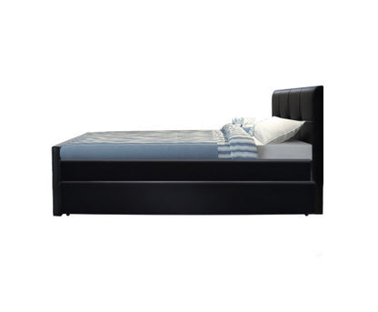 KING SINGLE SIDRA LEATHERETTE BED FRAME WITH SINGLE TRUNDLE - BLACK