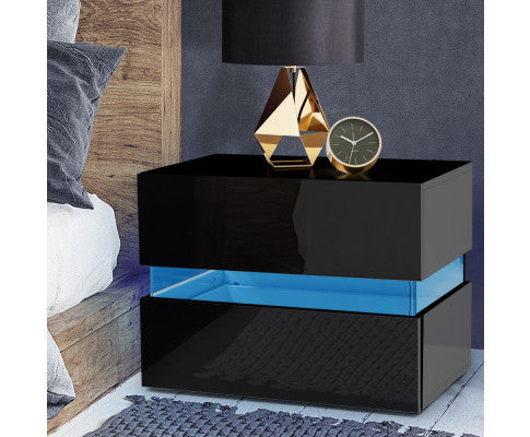 Hamilton 2 Drawer Bedside Table With Rgb LED – High Gloss Black