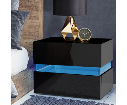 HAMILTON 2 DRAWER BEDSIDE TABLE WITH RGB LED – HIGH GLOSS BLACK