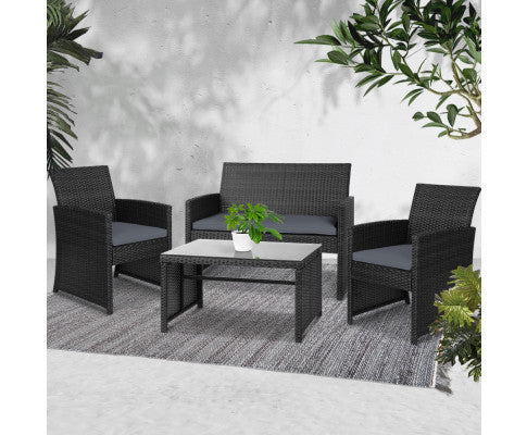Norma 4 Piece Outdoor Rattan Lounge Setting - Black