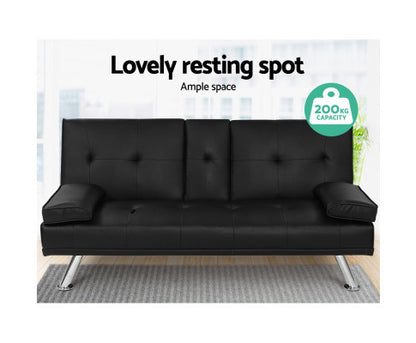 TERRAN PU LEATHER 3 SEATER SOFA BED RECLINER LOUNGE - BLACK