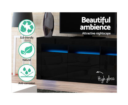 HAMILTON TV CABINET ENTERTAINMENT UNIT WITH RGB LED - 600(H) X 1600(W) X 350(D) - HIGH GLOSS BLACK