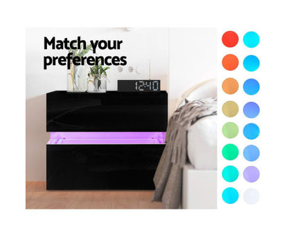 HAMILTON 2 DRAWER BEDSIDE TABLE WITH RGB LED – HIGH GLOSS BLACK